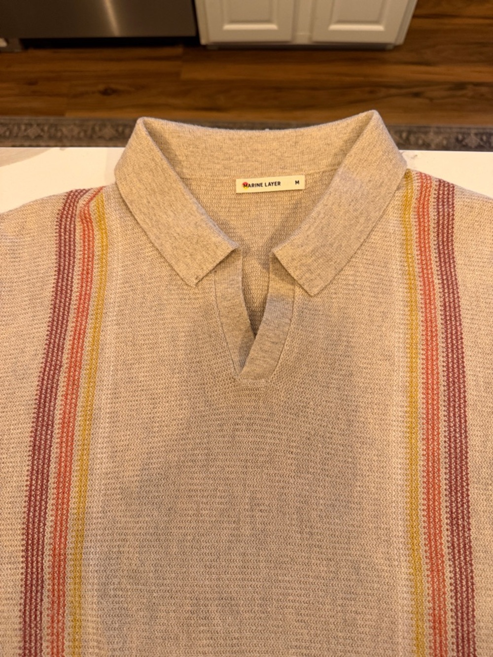 Marine Layer Sand Knit Polo with Red and Yellow Stripe Accents